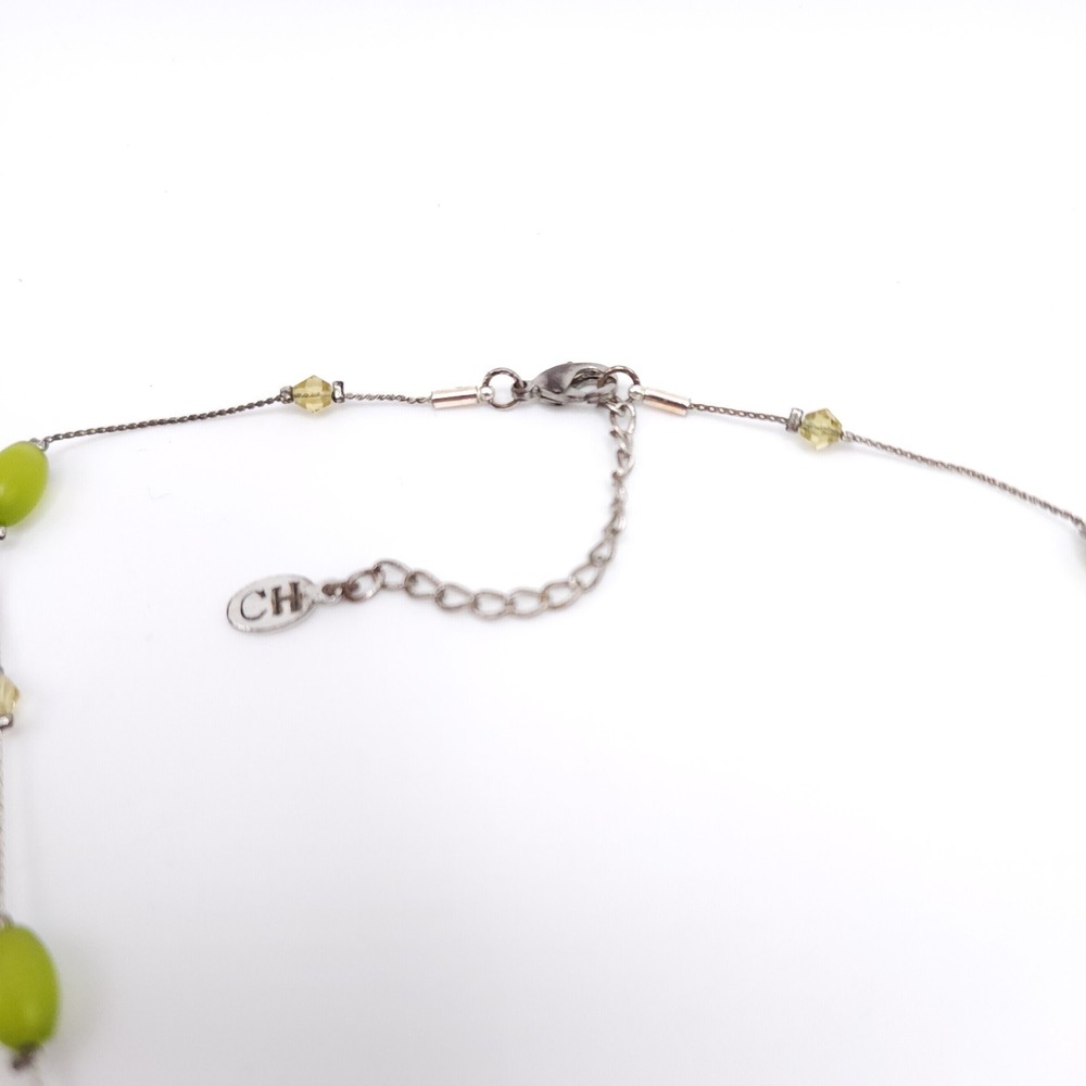 Liz Claiborne Green Cat Eye Necklace Teardrop Silver Beaded - Picture 5 of 6